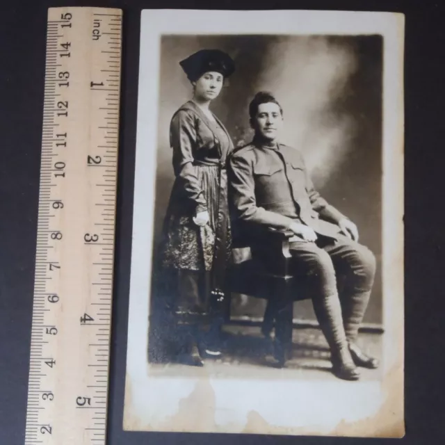 WWI-Era Sepia RPPC of British-Indian Woman and US Uniformed Soldier