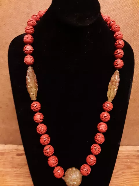 Chinese Carved Cinnabar Shou Bead, Carved Nephrite Jade Necklace