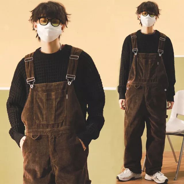 Retro Men Jumpsuits Fashion Corduroy Bib Pants Overalls Loose Suspender Trousers