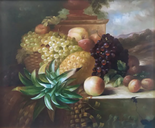 Quadro Dipinto ad Olio Natura Morta con Frutta Uva e Ananas su Paesaggio firmato