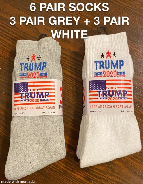 NEW! 6 Pair Socks 3-Gray➕3-white President Trump Mens Crew Socks 10-13 MAGA