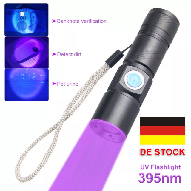 1/2×395nm UV Zoom Licht Schwarzlicht LED Taschenlampe Stift Light Lampe USB Akku