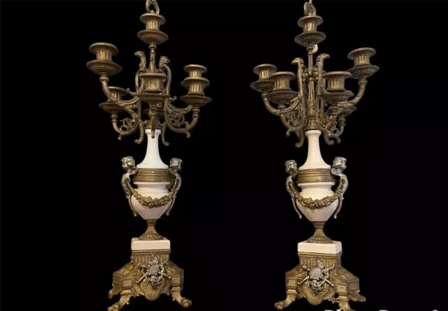 Antigua Par De Candelabros Francés En Bronce E Canicas Época 900