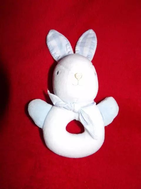 Doudou  Peluche Hochet  Tartine et Chocolat  Lapin Blanc Bleu Carreaux