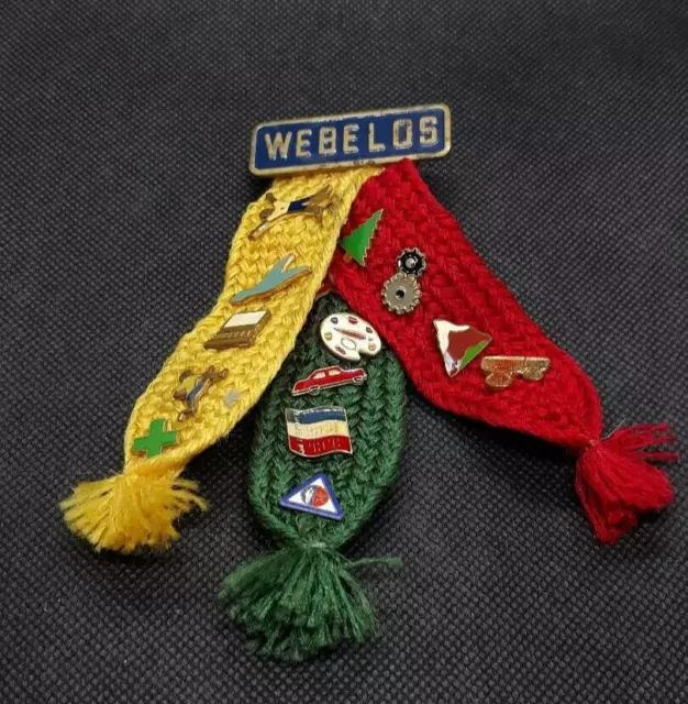 Vintage Ribbon Boy Cub Scout Webelos Tri Color w/ 17 Pins Activity Badge