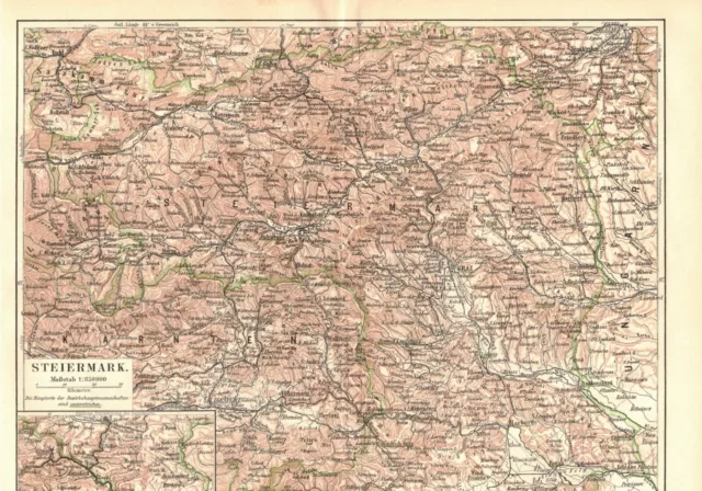 Steiermark, Österreich, alte historische Landkarte. Lithographie um 1900 (L80)