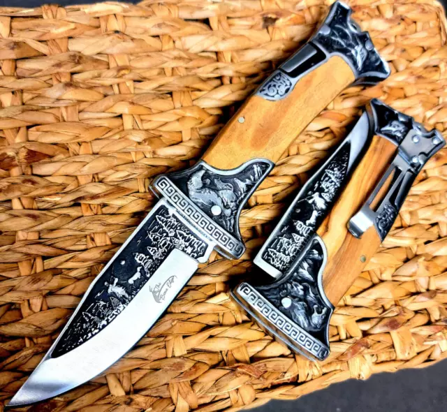 9" Engraved Hunting Blade Lockback Folding Pocket Knife Wood Handle 3CR13 Steel