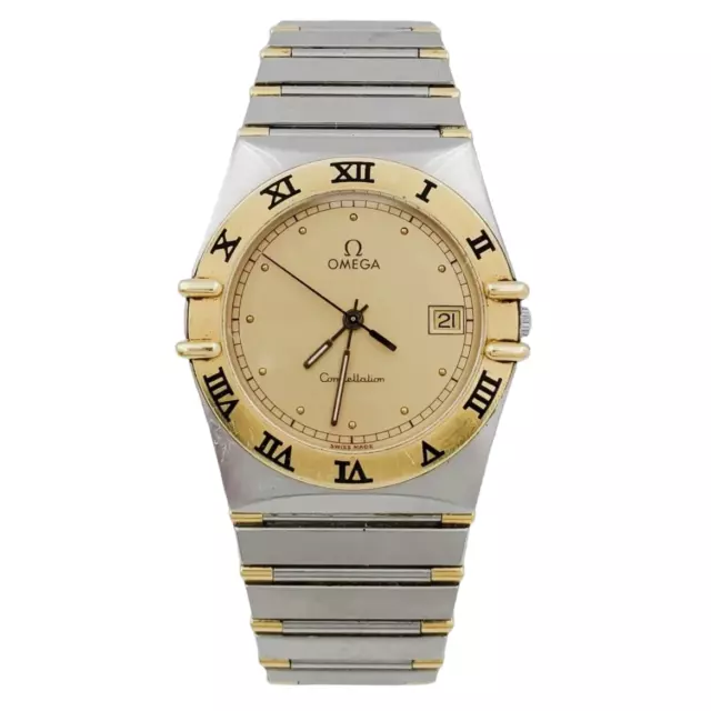 Men's Omega 34mm Constellation Two Tone 18K Gold / Steel Watch with Gold Dial.