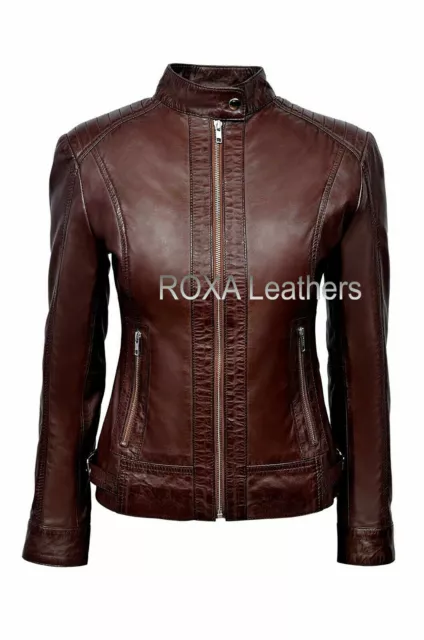 Cool Look Women's Pure Genuine Lambskin Leather Jacket Brown Full Zip Biker Coat