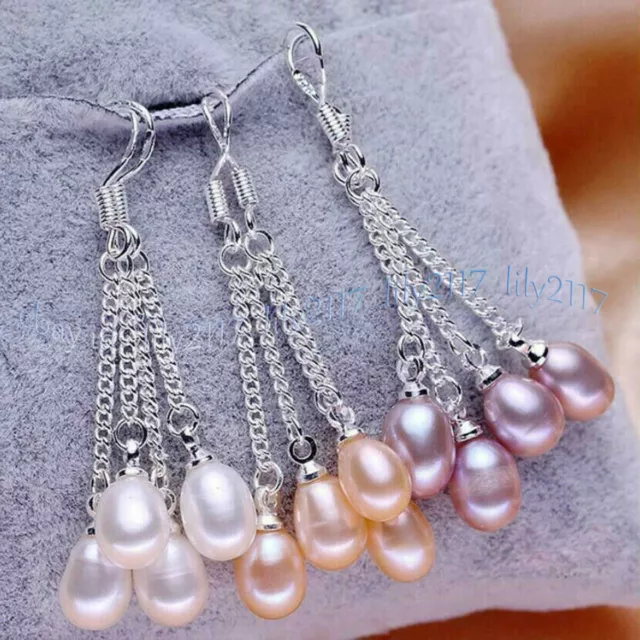 3 Pairs 6-10mm White Pink Purple Freshwater Pearl Dangle Silver Hook Earrings