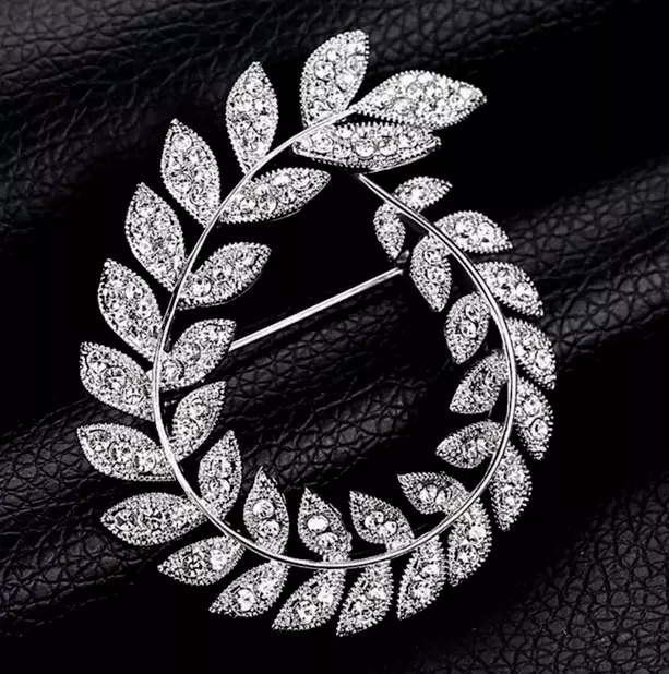 Flower Leaf Design with Single Cut White Stone Bright Polish 935 Silver Brooch