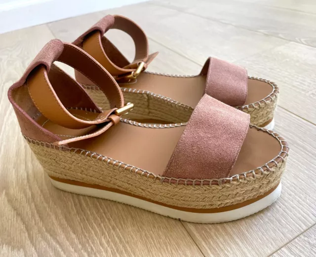 See by Chloe Glyn Platform Espadrille Sandals Pink / Tan Suede Leather Size 36