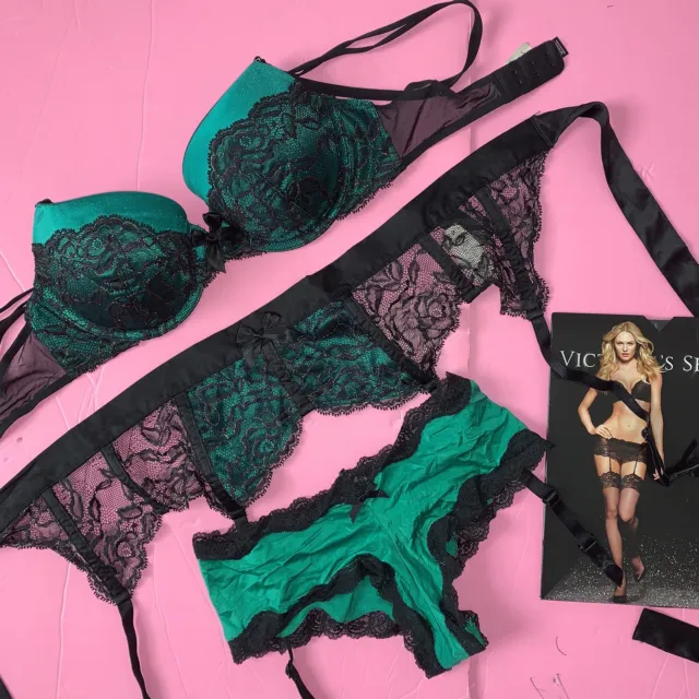 Victoria's Secret 32D,36C BRA SET+GARTER belt emerald green Black