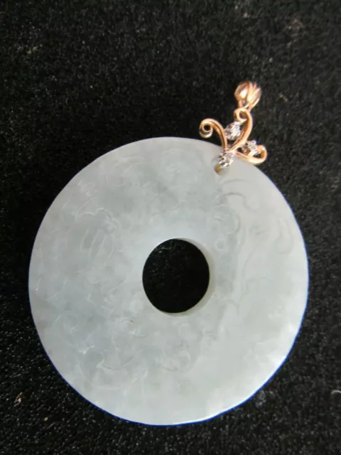 Estate Carved Chinese Green Jade In14K Solid Yg W Diamond Large 2" Disc Pendant