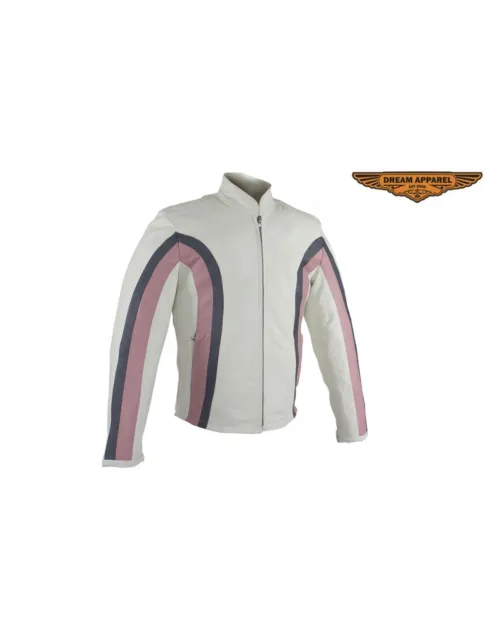 Leather Biker Women's Off White Leather Fashion Jacket W/ Silver & Pink Stripes