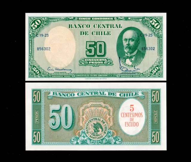 1960-61 Chile 5 Cent on 50 Pesos P-126 GEM UNC Free Shipping (a154)