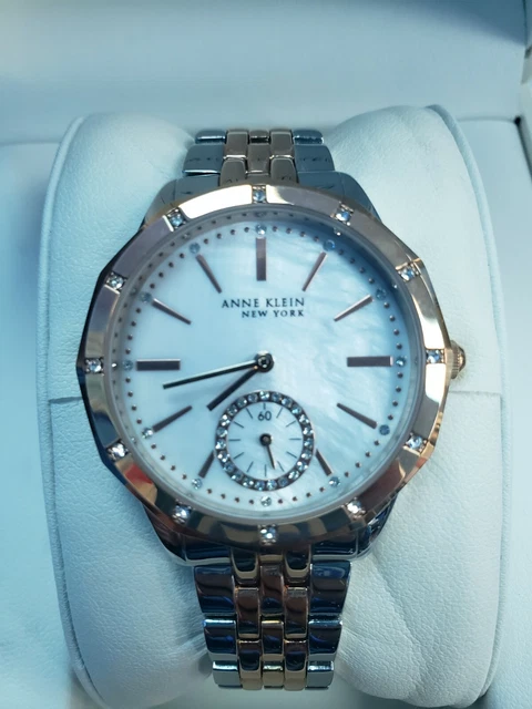NWT Anne Klein Designer Watch Ladies Two tone Rose Gold/Silver Mother of Pearl