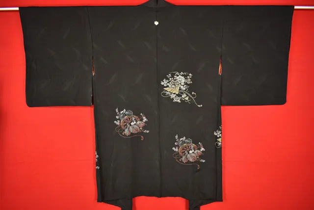 Vintage Japanese Kimono Silk Antique BORO Black HAORI Kusakizome Woven/A080/475