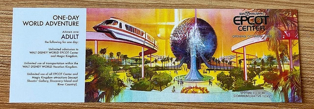 Wdw~Mint Condition~Unused~1982~Epcot Center~Special Edition Commemorative Ticket