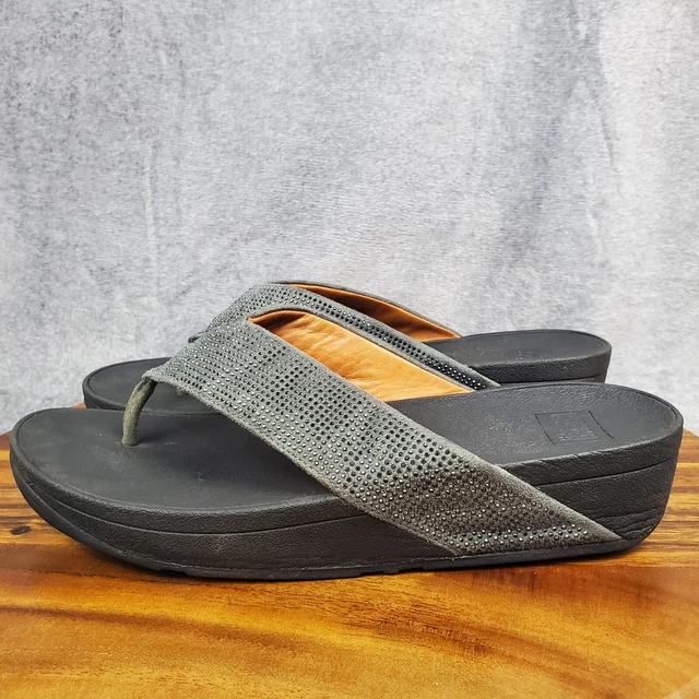 FitFlop Sandals Women's 10 Gray Pewter Black Toe Post Thong Rhinestones Comfort 3