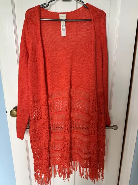 Chicos Women Long Duster Cardigan Orange Knit Fringe Open Front Size 1 M 8/10