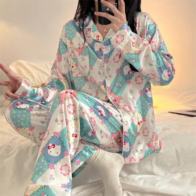 Hello Kitty Women Silk Satin Pyjamas Long Sleeve Button Sleepwear Pajamas Set AU 2