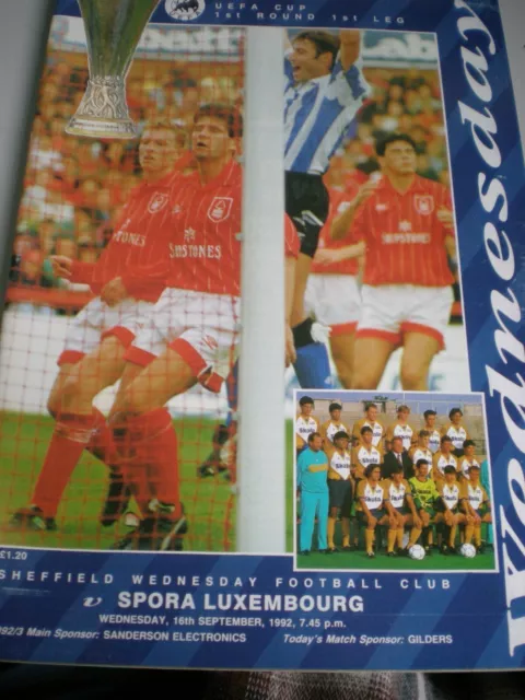 Sheffield Wednesday v Spora Luxembourg 16th September 92 UEFA Cup programme,VGC.