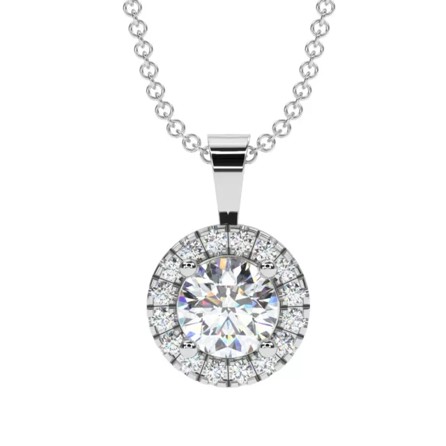 Clearance 1.00 Ct Round Diamond Halo Pendant With Chain, Hallmark 18k White Gold