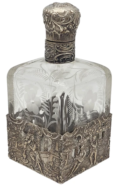 Antique GERMAN 800 Silver / Etched Glass Large Perfume Bottle