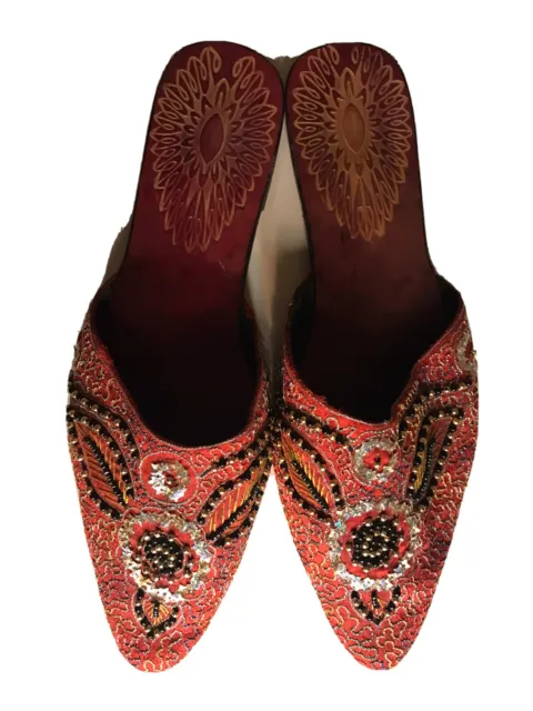 Bliss Sequin Embroidered Red Slippers  Flats Leather Sole Pre-Owned