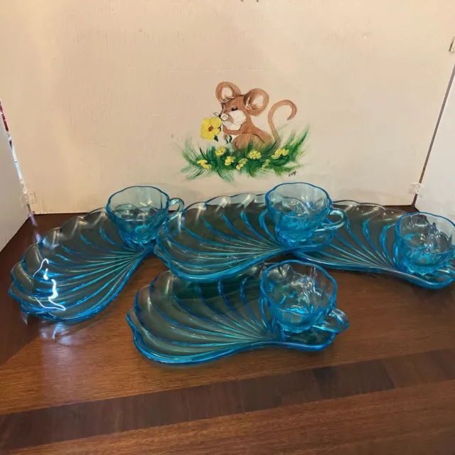 FOUR Vintage Hazel Atlas Capri Aqua Blue Glass Snack Sets 1950s Seashell ~EUC ~