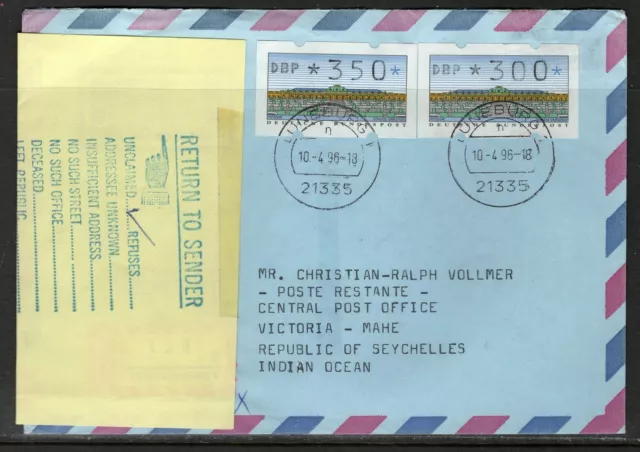 Seychelles Cover Incoming 10.04.1996 Automatenmarken Victoria