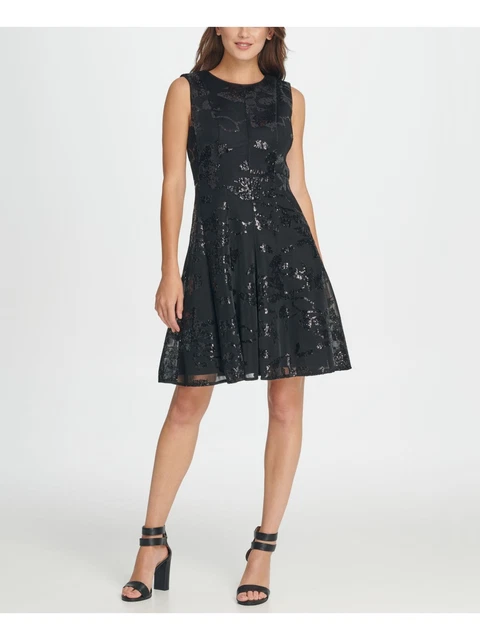 DKNY Women's Sleeveless Jewel Neck Short Fit Flare Party Dress Black Size 2