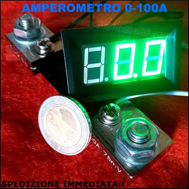 AMPEROMETRO PANNELLO DC 0-100A LED VERDE SHUNT auto moto camper digitale eolico