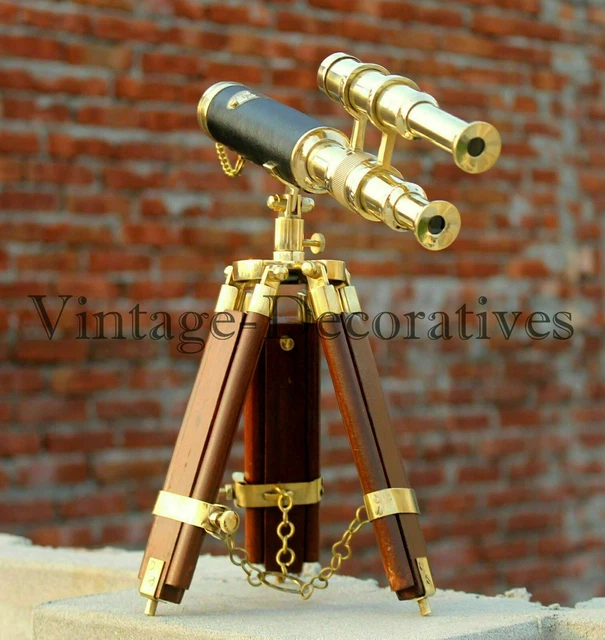 Brass Telescope Working Nautical Double Barrel Marine Wooden Tripod Stand Décor.