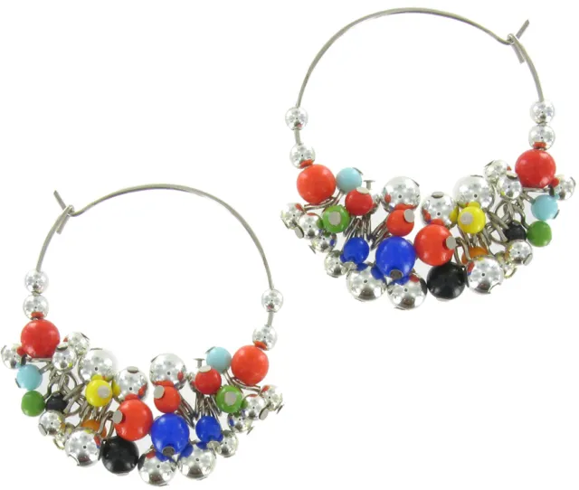Vintage Multi Color Silver Tone Bead Cluster Pierced Large Hoop Earrings 2"