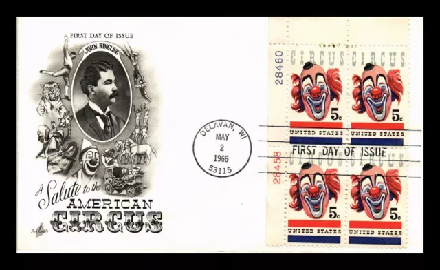 Dr Jim Stamps Us Cover American Circus Clown Fdc Plate Block Artcraft Cachet