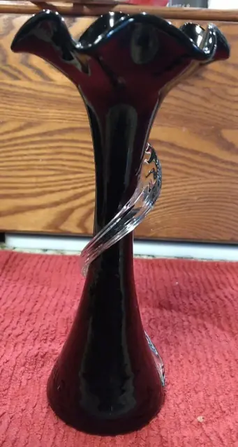 Czech Bohemian Hand Blown Art Glass Swirled Ruffled Flared Bud Vase Black