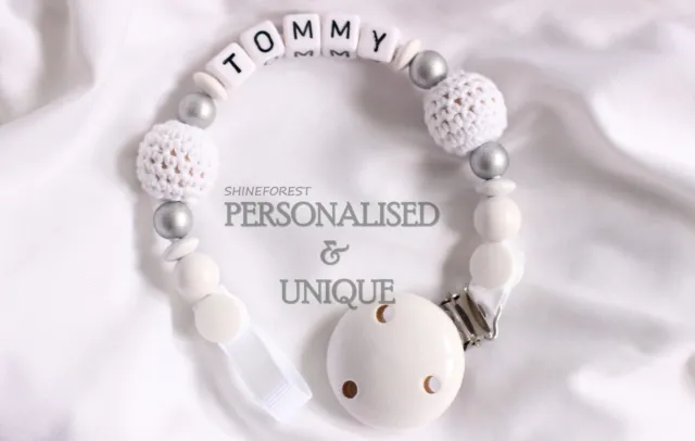 White Crochet Dummy Clip Personalised Dummy Chain Pacifier Clip Wool for Baby