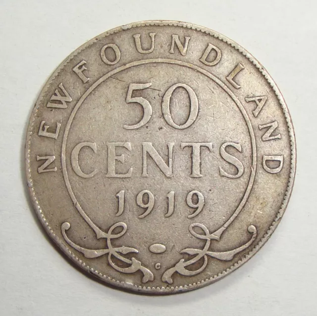 1919 Newfoundland Fifty 50 Cents George V Sterling Silver Half Dollar Coin