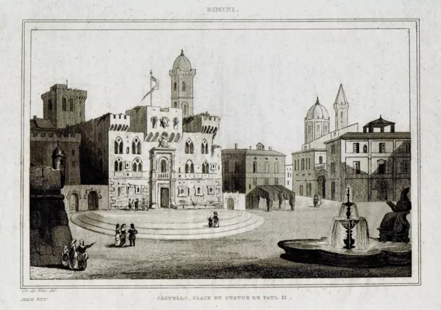 ST-IT RIMINI Castello, Place et Statue de Paul II 1834 C, de Vèze inc. al bulino