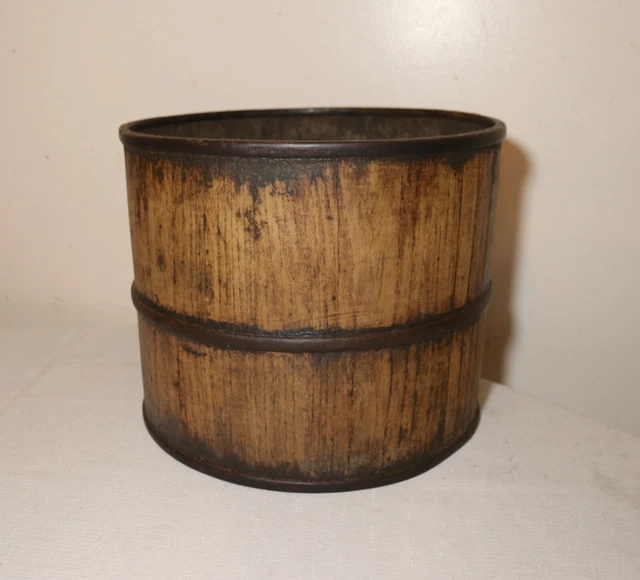 antique 19th century handmade wood and wrought iron cylindrical primitive bucket