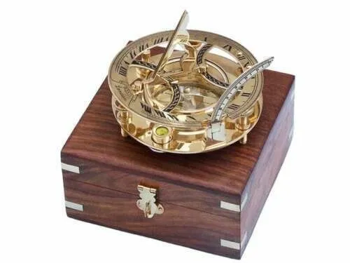 Antique Brass Compass Vintage Style Navigation Sundial with Wooden Box Gift