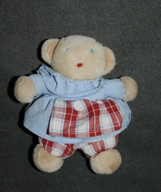 Peluche Doudou Ours Tablier Bleu Carreau Rouge JACADI Nounours 15 cm TTBE
