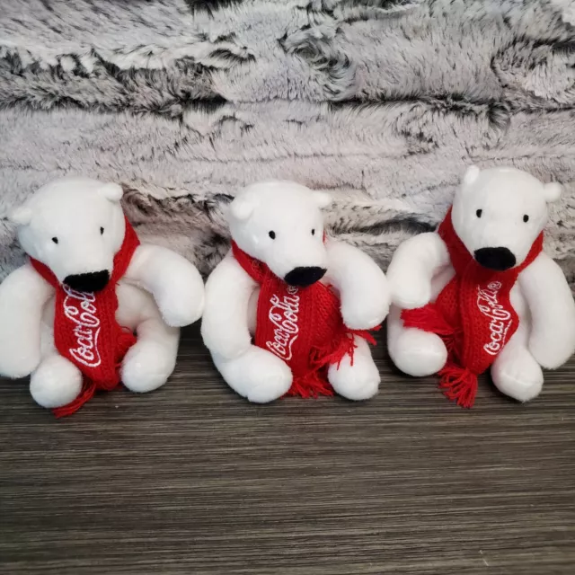 Lot Of 3 Mini Coca-Cola Advertising White Polar Bears w/ Holiday Red Scarves 4"