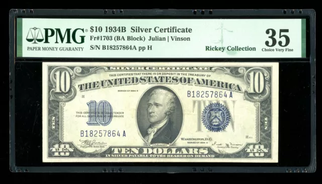 DBR 1934-B $10 Silver Vinson Fr. 1703 PMG 35 Serial B18257864A