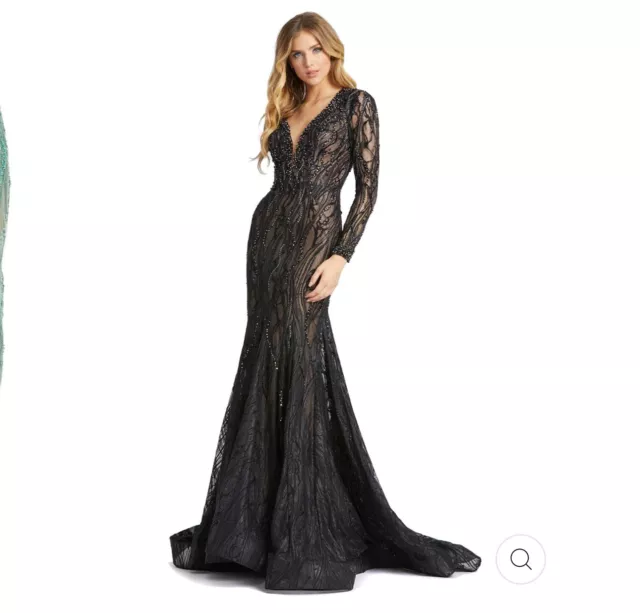 MAC DUGGAL 79291 Long Sleeve Beaded Illusion Long Sleeve Plunge Gown Black Sz 12