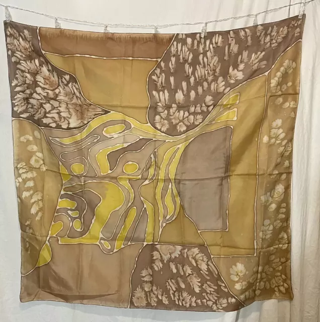 Silk Scarf Hand Printed Batik And Rolled Tan Gold  Yellow Abstract 36” Square