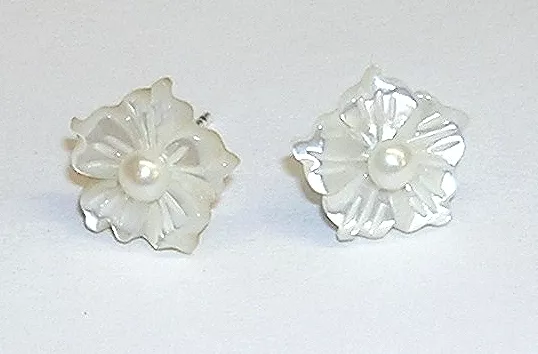 PENDIENTES MADREPERLA FLORES 12 mm PERLAS Cultivadas PLATA de Ley 925 y Estuche