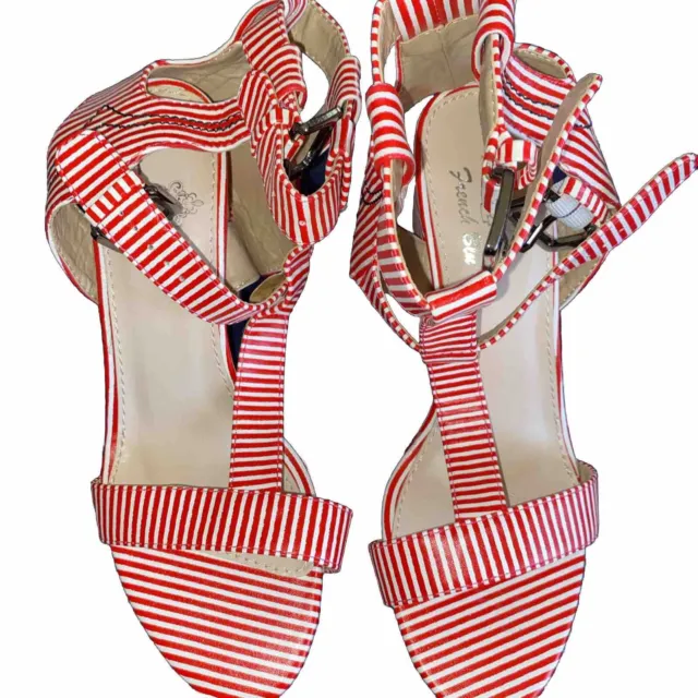 Women's Strappy Heels by French Blu Size 6.5 Med, Open-Toe Red White Striped New